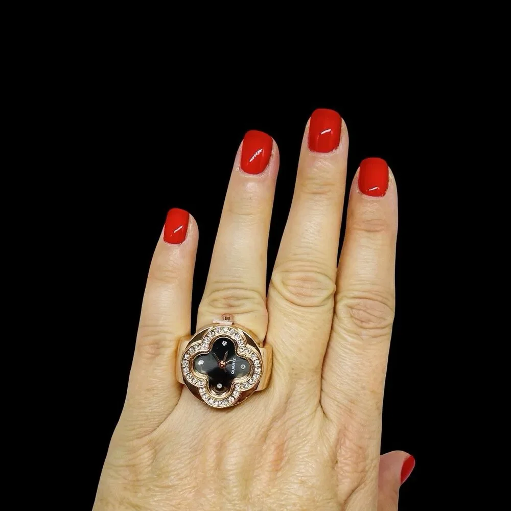 Ring Watch Rose Gold Clover Design With Crystals New